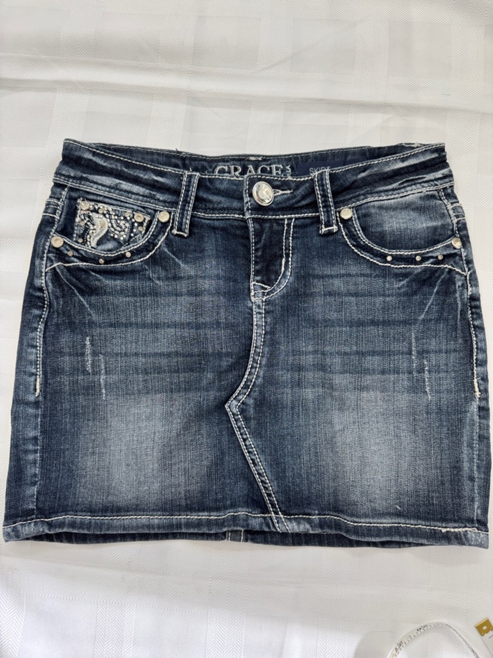 Grace in LA Faded Darker Blue Distressed Denim Mini Skirt